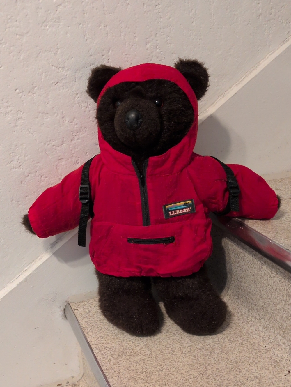 L.L. Bean 1990's  Plush Brown Bear in Red Hooded Jacket And Backpack.